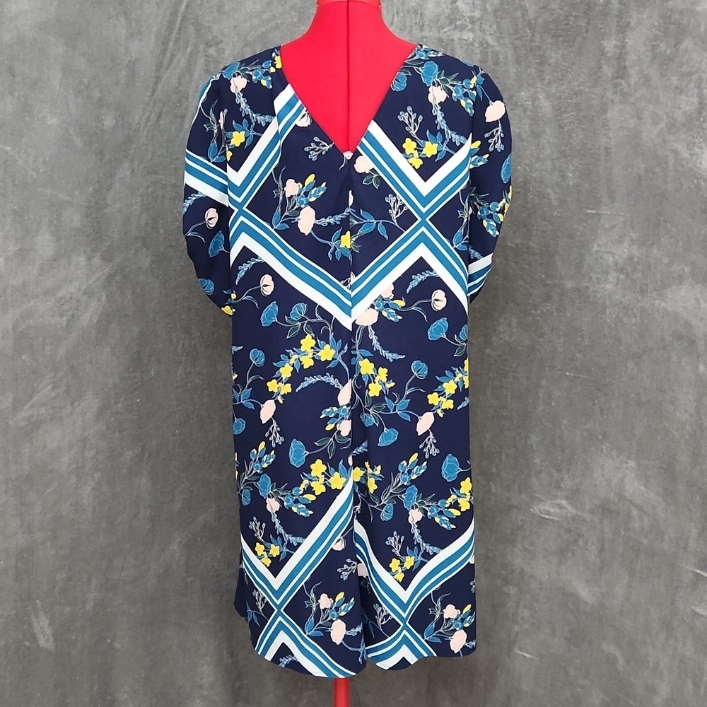 Halogen Floral Shift Dress Women's Size 1 Navy Blue 3/4 Sleeve Ruched Scarf Prin - Picture 3 of 12